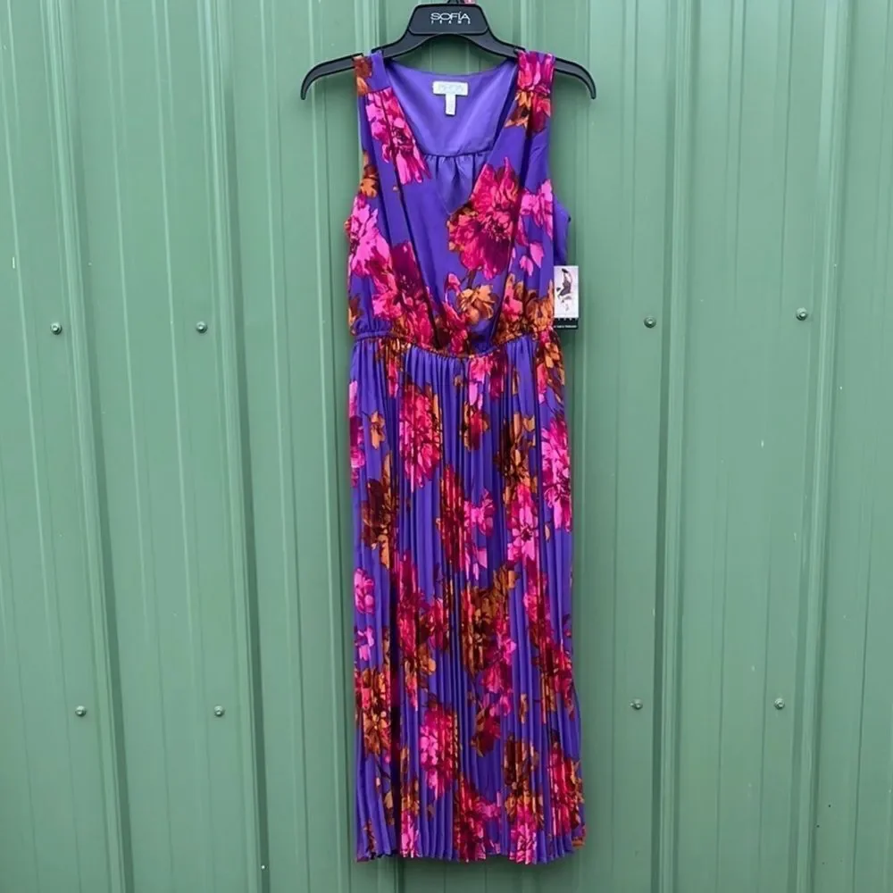 Sofia Vergara Sleeveless Pleated V-Neck Sheer Dress, Above Ankle Length, Size S - Picture 2 of 8